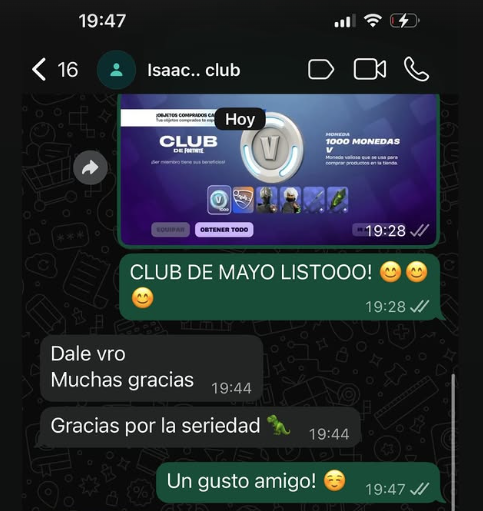 Cliente agradece la entrega del Club de Fortnite