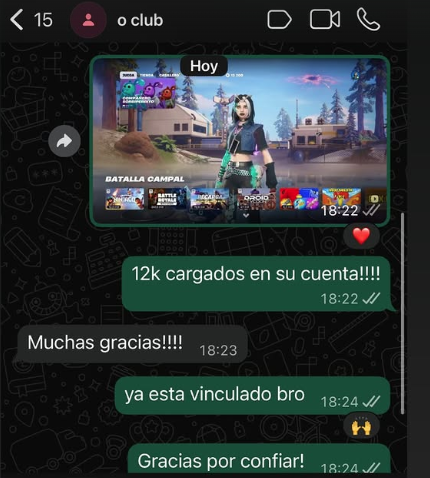 Cliente confirma 12.000 V-Bucks cargados